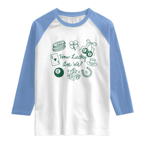 How Lucky Are We Raglan Shirt Irish Shamrock Horseshoe St Patricks Day TS14 White Carolina Blue Print Your Wear