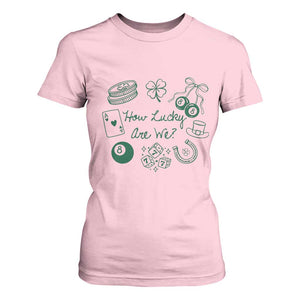 How Lucky Are We T Shirt For Women Irish Shamrock Horseshoe St Patricks Day TS14 Light Pink Print Your Wear