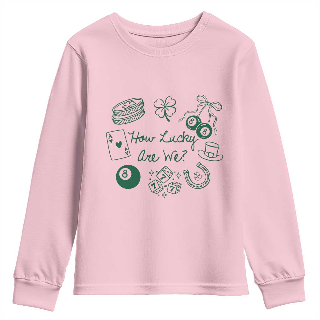 How Lucky Are We Youth Sweatshirt Irish Shamrock Horseshoe St Patricks Day TS14 Light Pink Print Your Wear