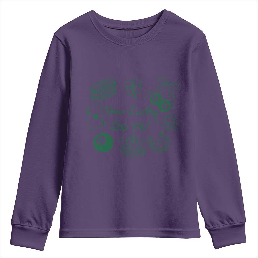 How Lucky Are We Youth Sweatshirt Irish Shamrock Horseshoe St Patricks Day TS14 Purple Print Your Wear