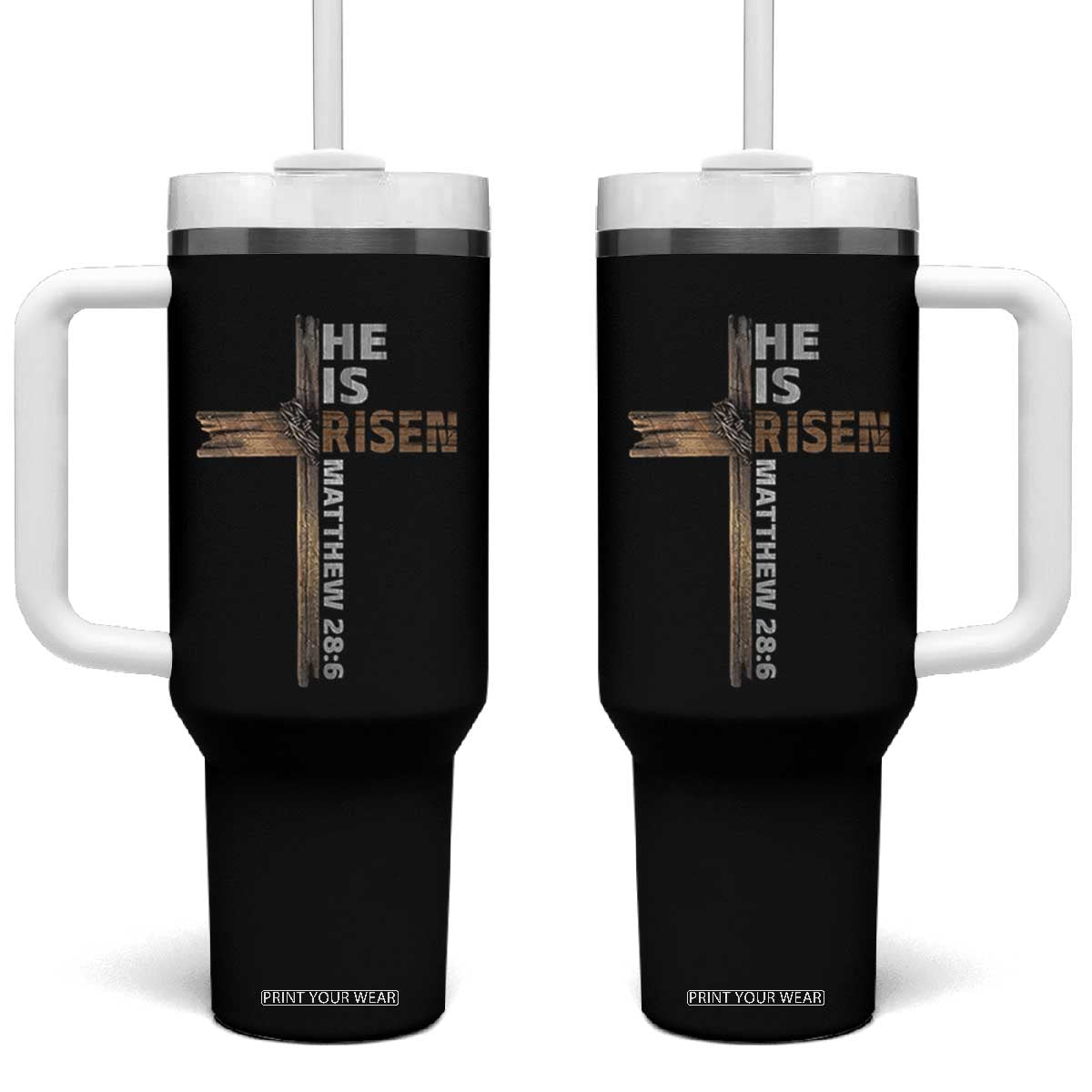 He is Risen Christian Tumbler With Handle Easter Cross Jesus Christian TS14 One Size: 40 oz Black Print Your Wear