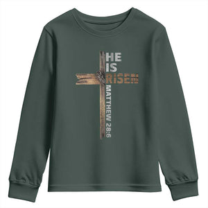 He is Risen Christian Youth Sweatshirt Easter Cross Jesus Christian TS14 Dark Forest Green Print Your Wear