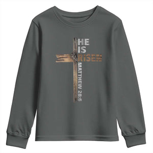 He is Risen Christian Youth Sweatshirt Easter Cross Jesus Christian TS14 Dark Heather Print Your Wear