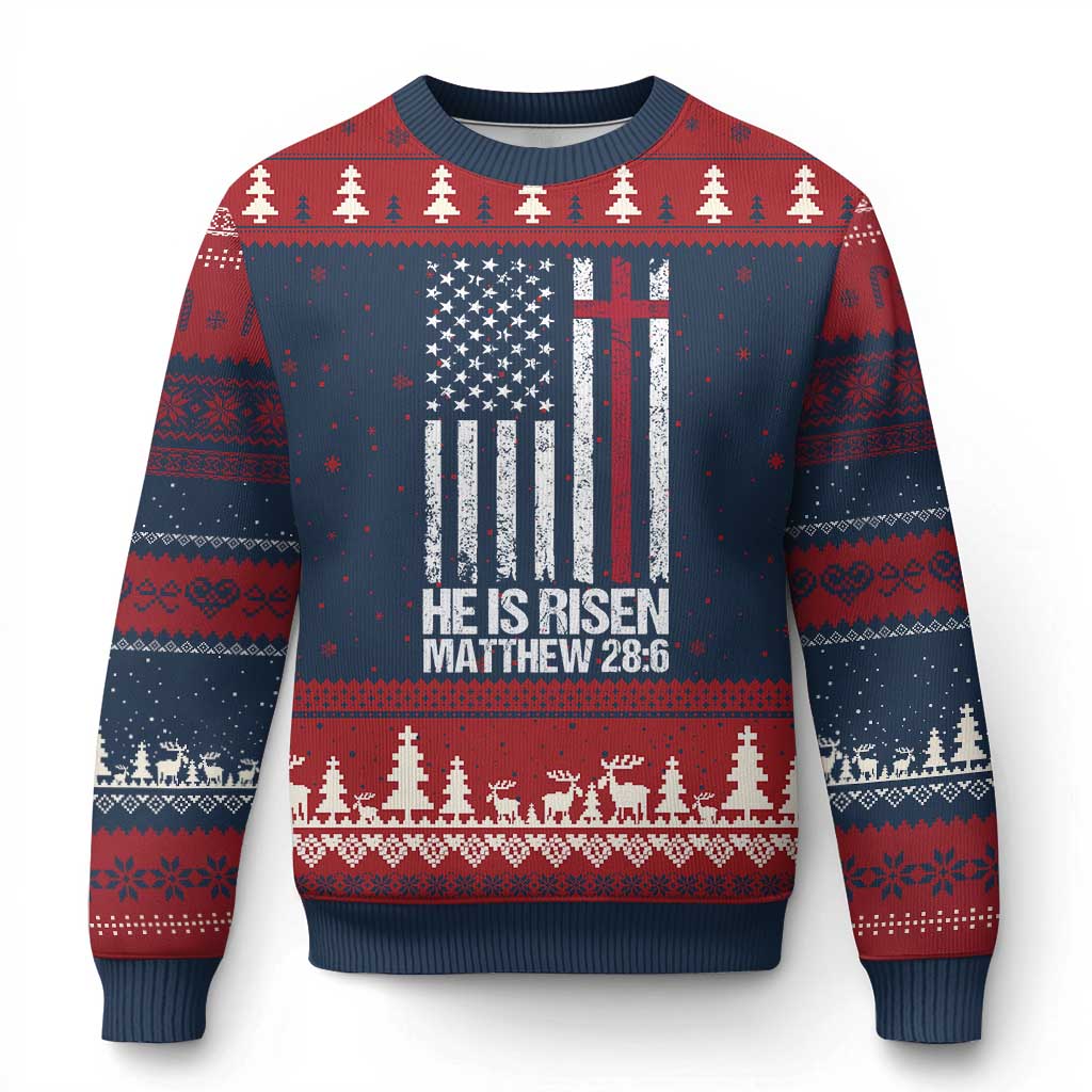 He Is Rise Ugly Christmas Sweater Christian American Flag Easter Bible Verse TS14 Navy Red Print Your Wear