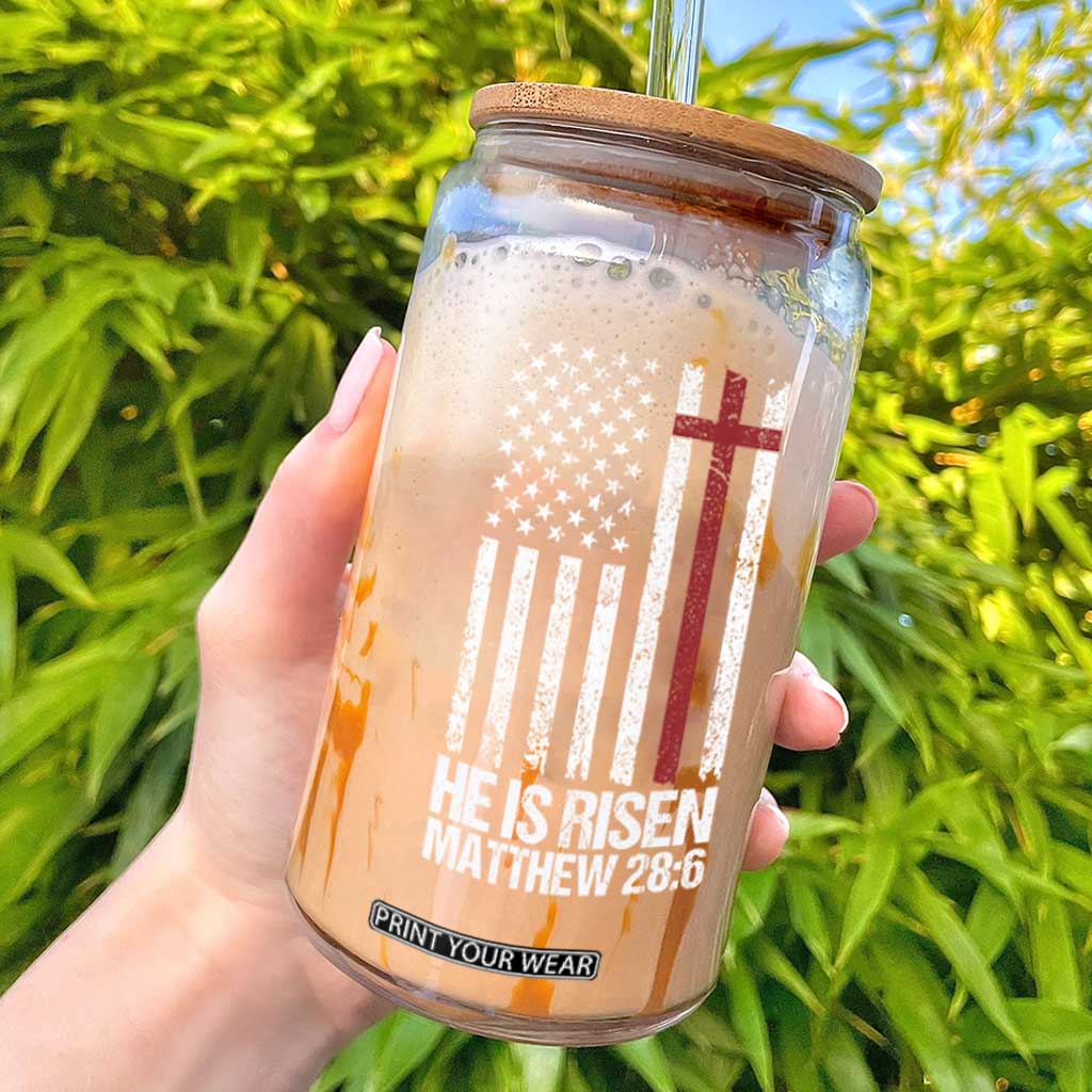 He Is Rise Glass Can Christian American Flag Easter Bible Verse TS14 Black Print Your Wear