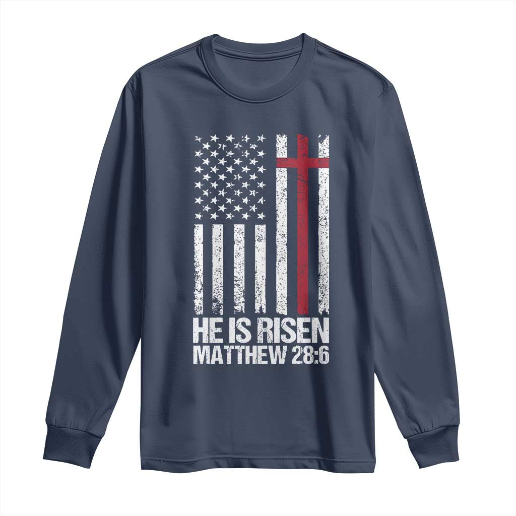 He Is Rise Long Sleeve Shirt Christian American Flag Easter Bible Verse TS14 Navy Print Your Wear
