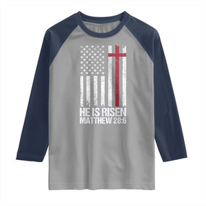 He Is Rise Raglan Shirt Christian American Flag Easter Bible Verse TS14 Sport Gray Navy Print Your Wear
