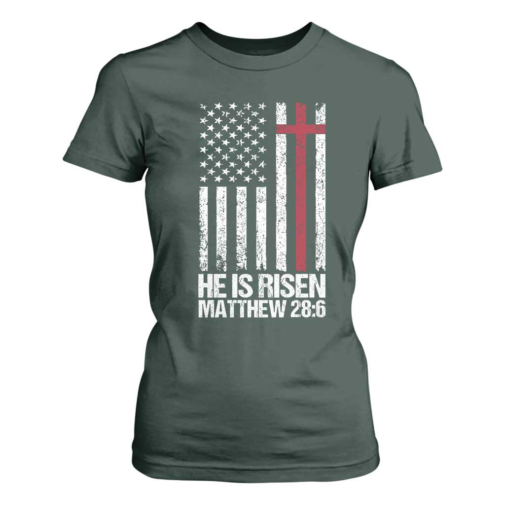 He Is Rise T Shirt For Women Christian American Flag Easter Bible Verse TS14 Dark Forest Green Print Your Wear
