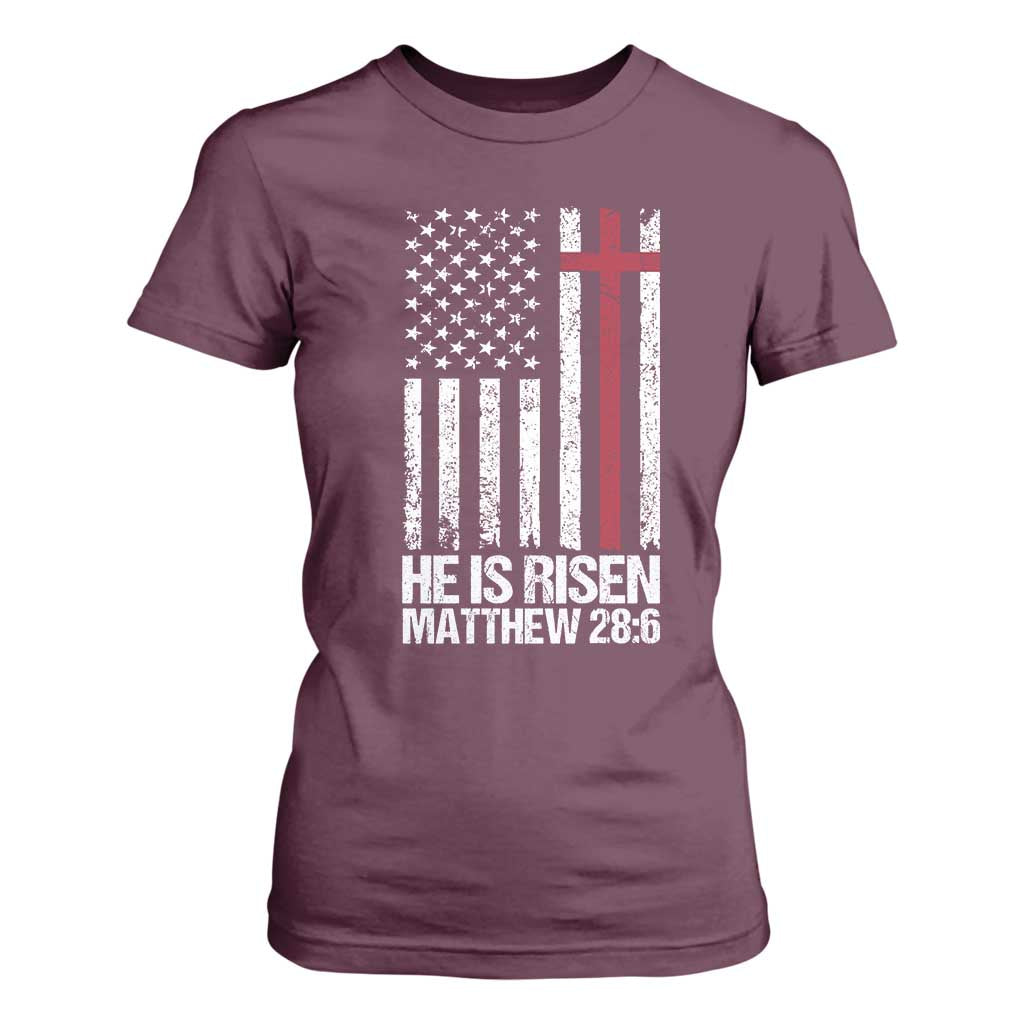 He Is Rise T Shirt For Women Christian American Flag Easter Bible Verse TS14 Maroon Print Your Wear
