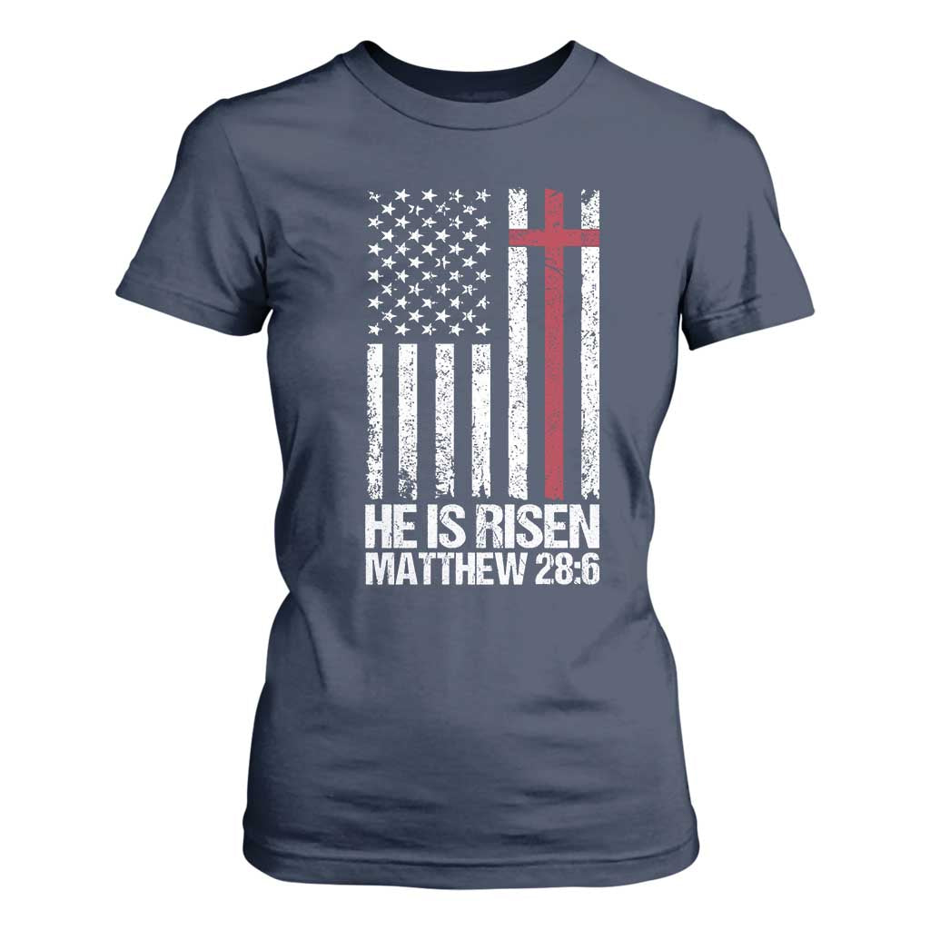 He Is Rise T Shirt For Women Christian American Flag Easter Bible Verse TS14 Navy Print Your Wear
