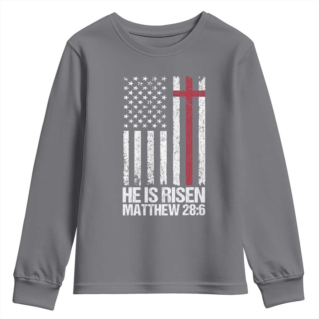 He Is Rise Youth Sweatshirt Christian American Flag Easter Bible Verse TS14 Charcoal Print Your Wear