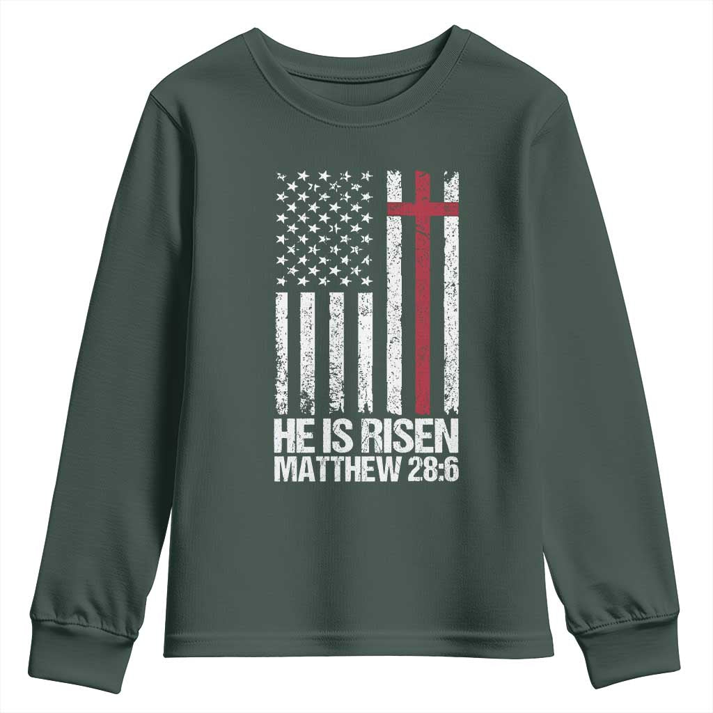 He Is Rise Youth Sweatshirt Christian American Flag Easter Bible Verse TS14 Dark Forest Green Print Your Wear