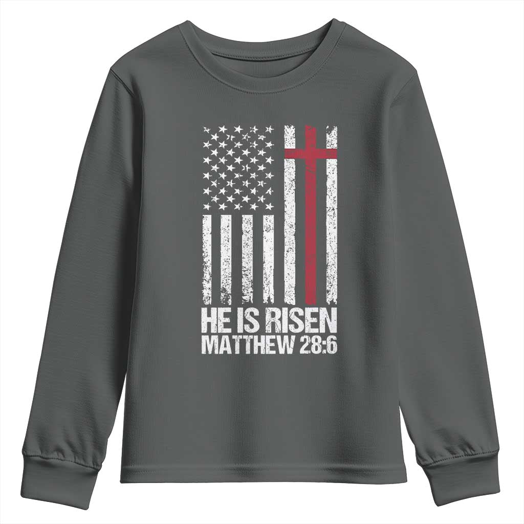 He Is Rise Youth Sweatshirt Christian American Flag Easter Bible Verse TS14 Dark Heather Print Your Wear