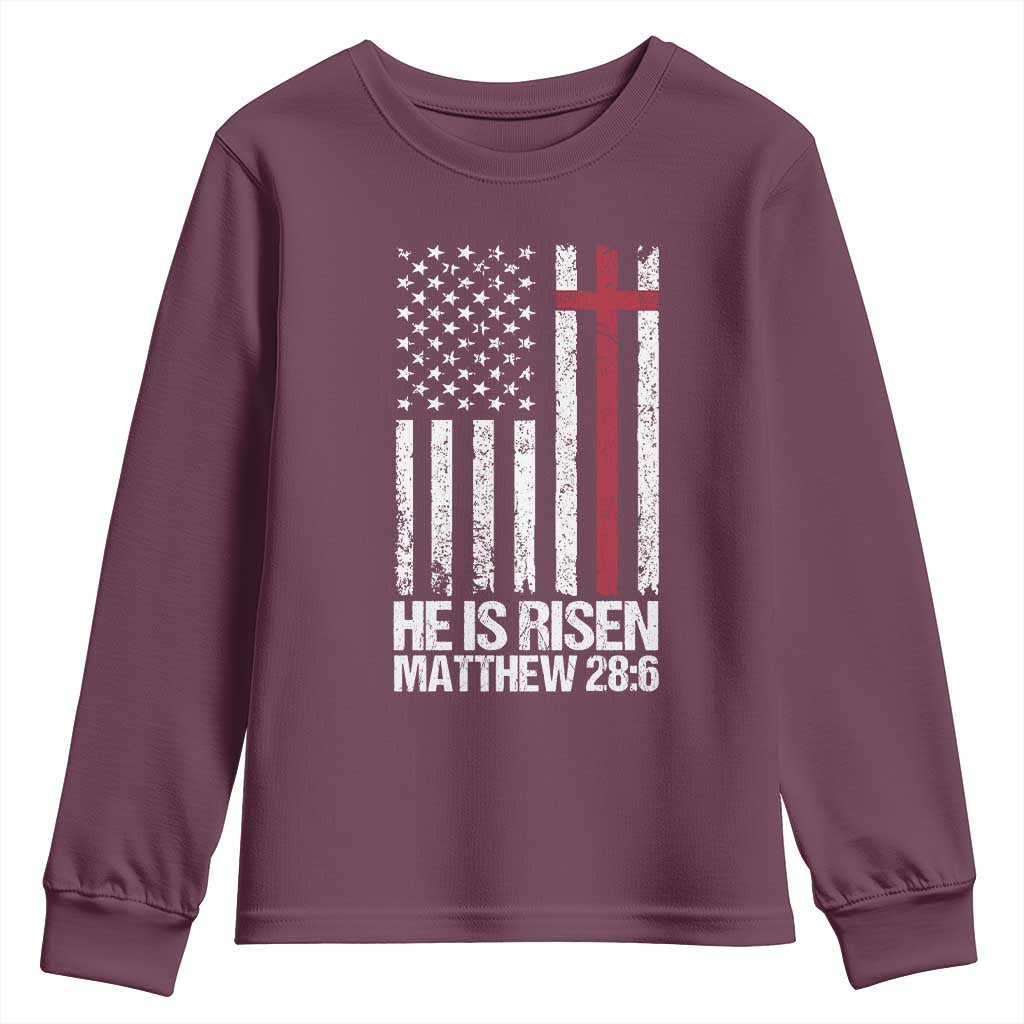 He Is Rise Youth Sweatshirt Christian American Flag Easter Bible Verse TS14 Maroon Print Your Wear