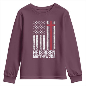 He Is Rise Youth Sweatshirt Christian American Flag Easter Bible Verse TS14 Maroon Print Your Wear