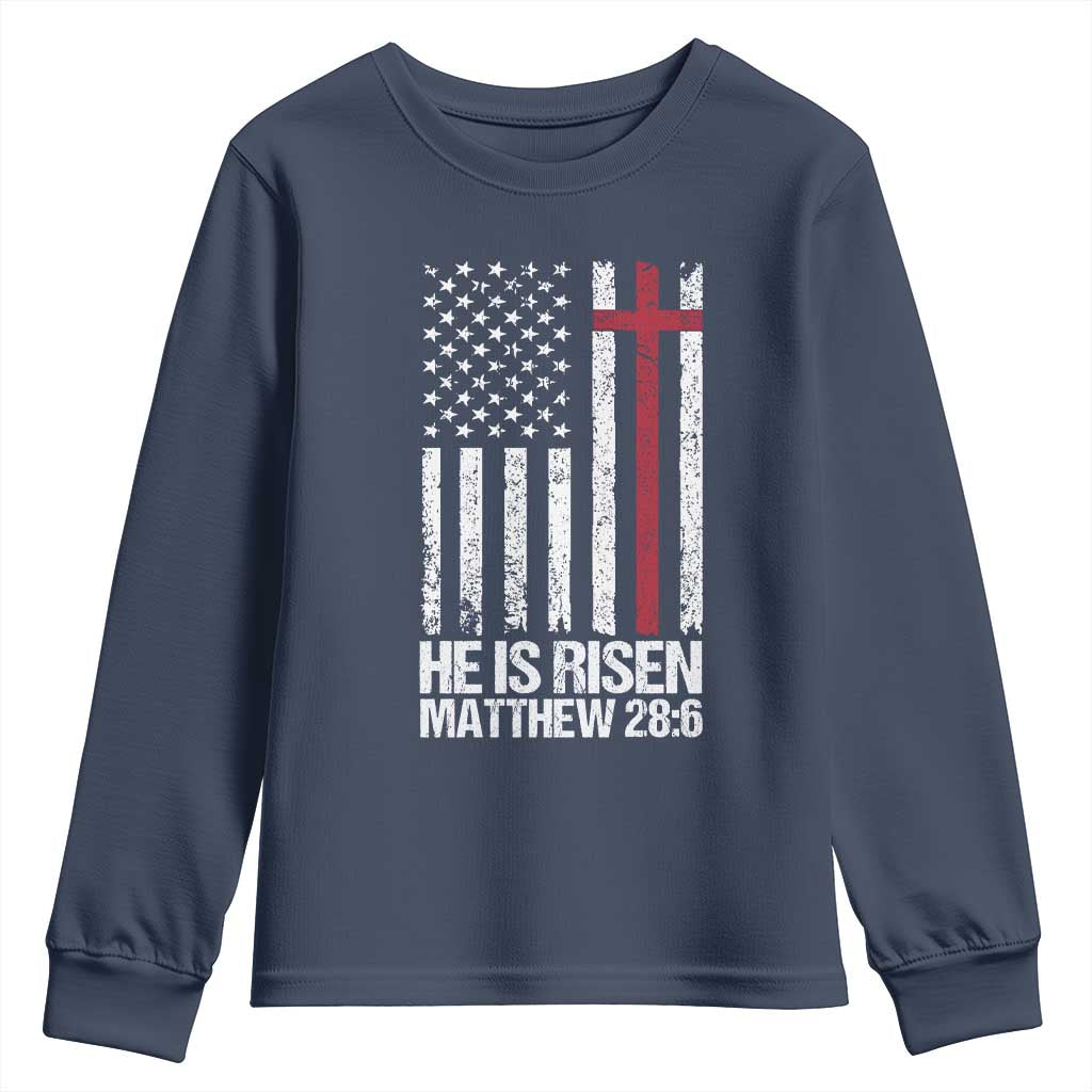 He Is Rise Youth Sweatshirt Christian American Flag Easter Bible Verse TS14 Navy Print Your Wear