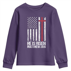 He Is Rise Youth Sweatshirt Christian American Flag Easter Bible Verse TS14 Purple Print Your Wear