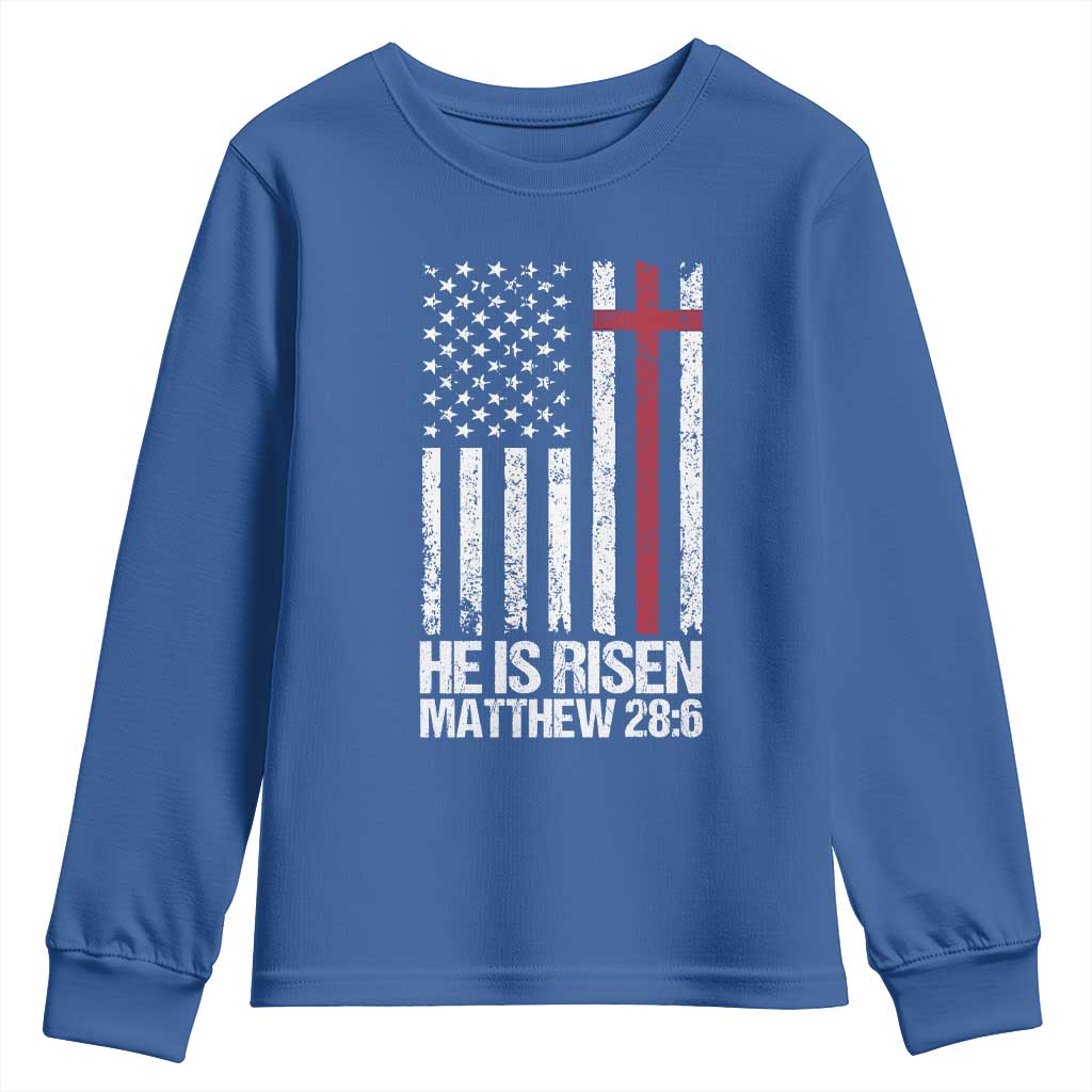 He Is Rise Youth Sweatshirt Christian American Flag Easter Bible Verse TS14 Royal Blue Print Your Wear