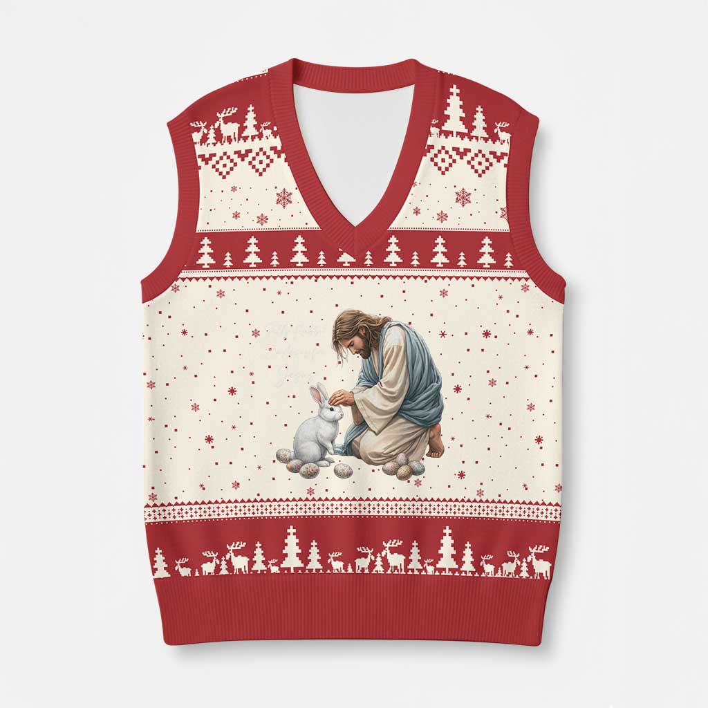 Silly Rabbit Easter Is For Jesus V-Neck Knit Sweater Vest Christian Easter Religious TS14 Beige Red Print Your Wear