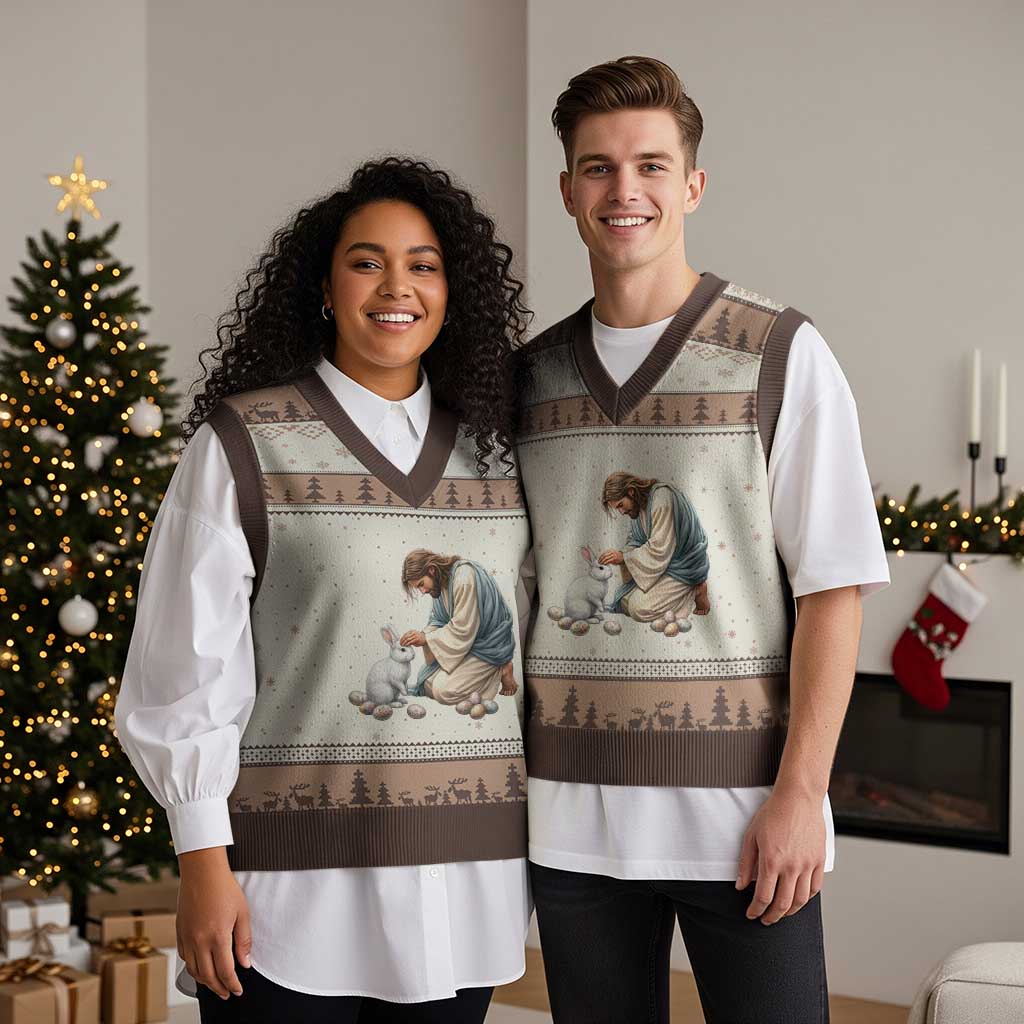 Silly Rabbit Easter Is For Jesus V-Neck Knit Sweater Vest Christian Easter Religious TS14 Mocha Mousse Print Your Wear