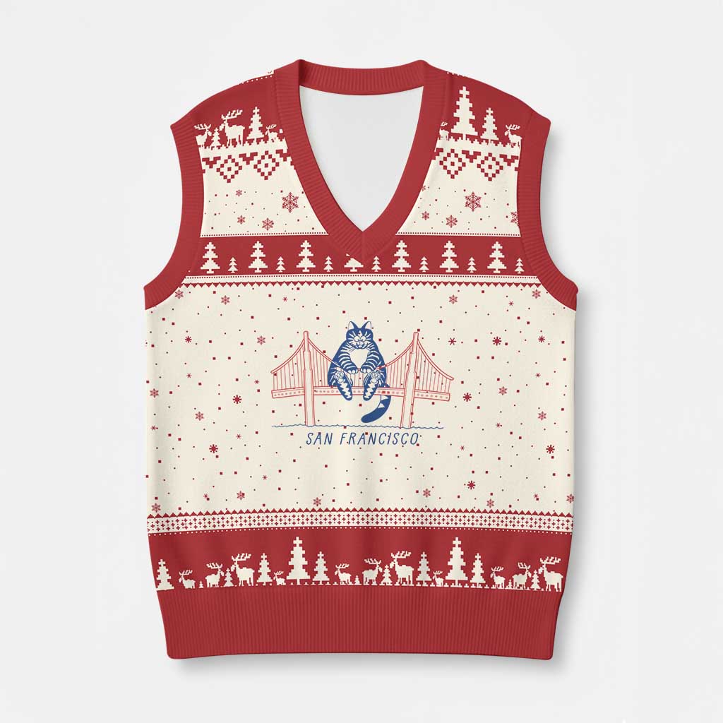 Funny Cat San Francisco Golden Gate V-Neck Knit Sweater Vest TS14 Beige Red Print Your Wear