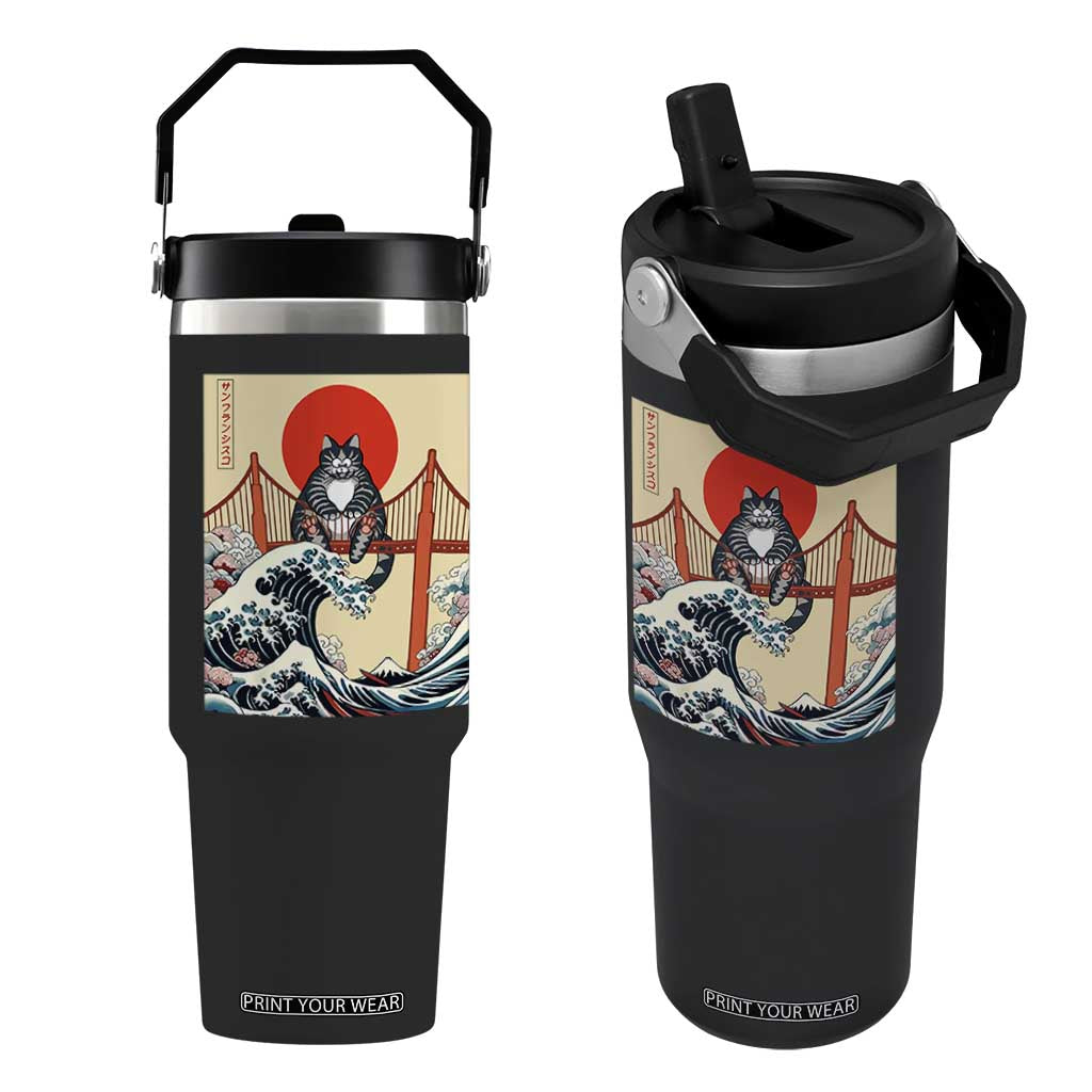 San Francisco Cat Flip Straw Tumbler Vintage Japanese Anime Kawaii Cat Sunset TS14 One Size: 30 oz Black Print Your Wear