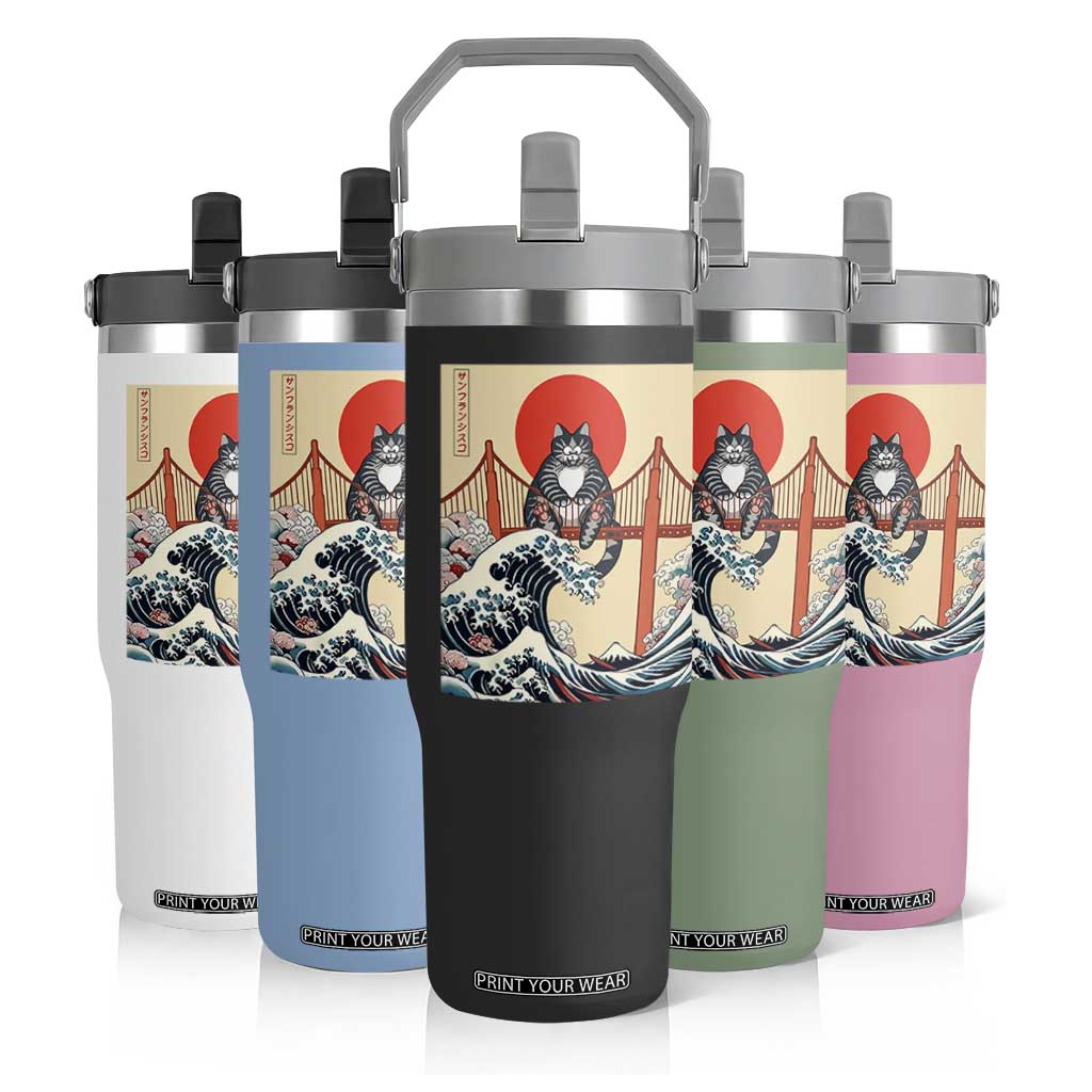 San Francisco Cat Flip Straw Tumbler Vintage Japanese Anime Kawaii Cat Sunset TS14 Print Your Wear