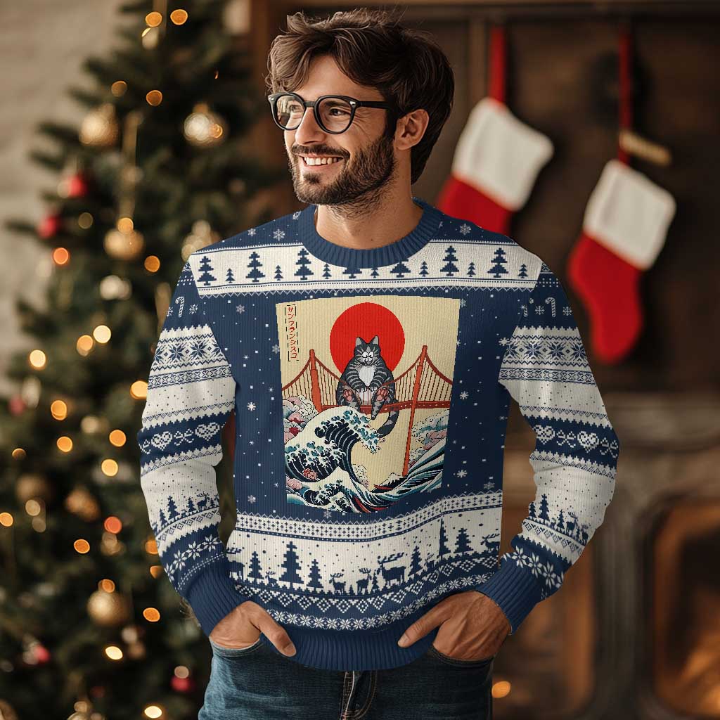 San Francisco Cat Ugly Christmas Sweater Vintage Japanese Anime Kawaii Cat Sunset TS14 Navy Beige Print Your Wear