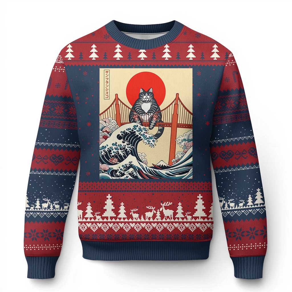 San Francisco Cat Ugly Christmas Sweater Vintage Japanese Anime Kawaii Cat Sunset TS14 Navy Red Print Your Wear