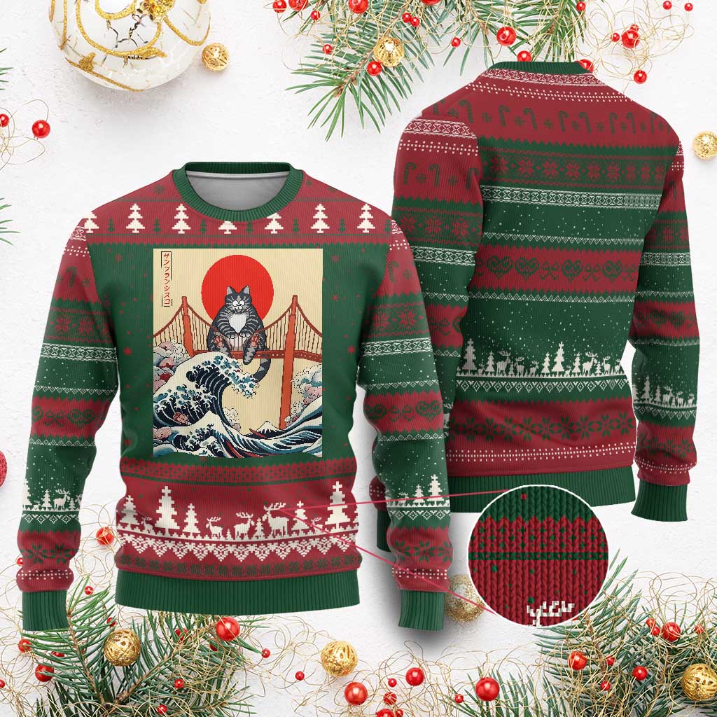 San Francisco Cat Ugly Christmas Sweater Vintage Japanese Anime Kawaii Cat Sunset TS14 Red Green Print Your Wear