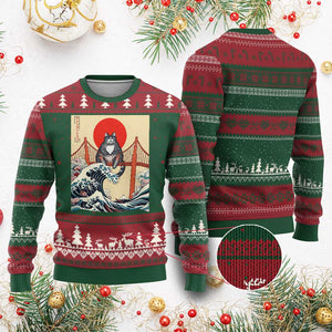 San Francisco Cat Ugly Christmas Sweater Vintage Japanese Anime Kawaii Cat Sunset TS14 Red Green Print Your Wear