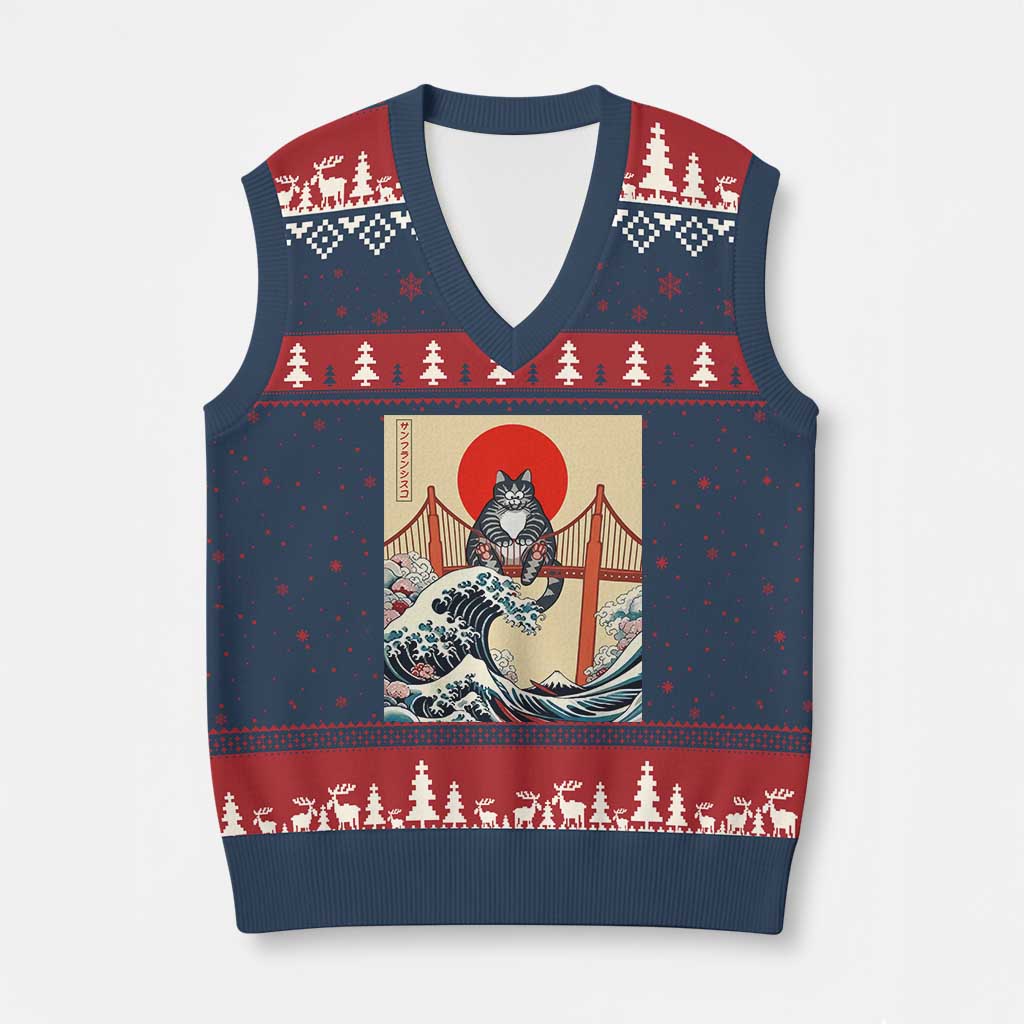 San Francisco Cat V-Neck Knit Sweater Vest Vintage Japanese Anime Kawaii Cat Sunset TS14 Navy Red Print Your Wear