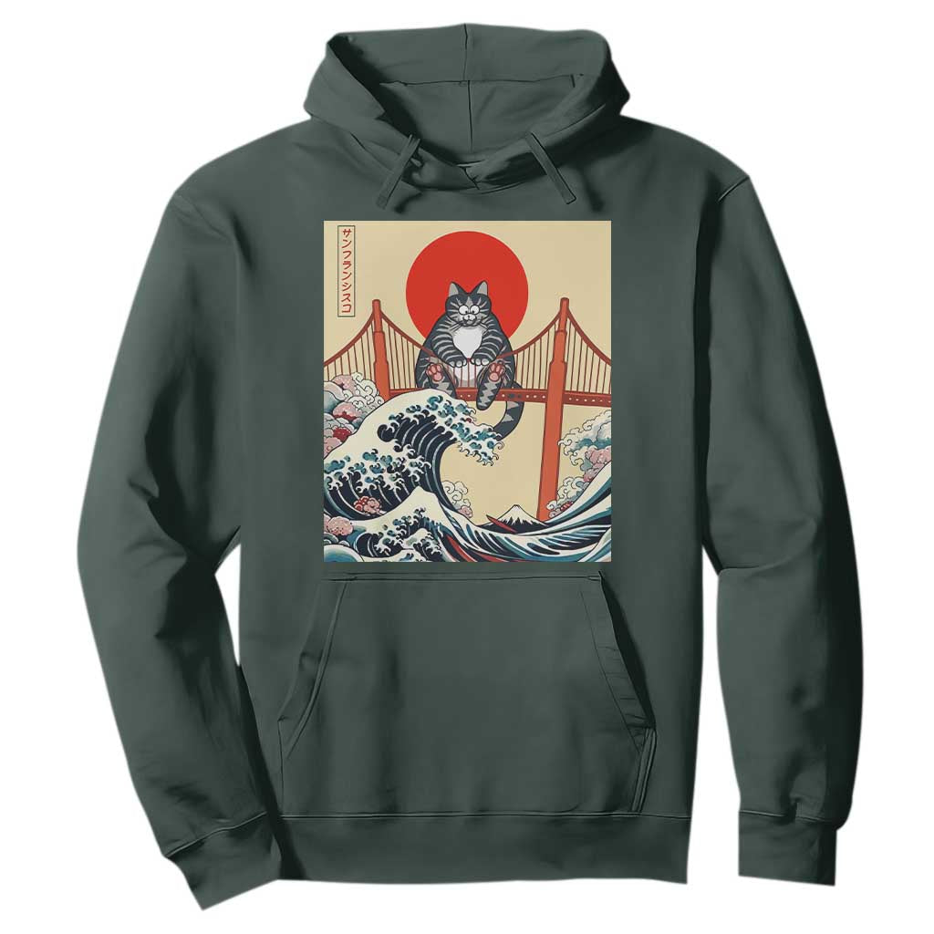 San Francisco Cat Hoodie Vintage Japanese Anime Kawaii Cat Sunset TS14 Dark Forest Green Print Your Wear