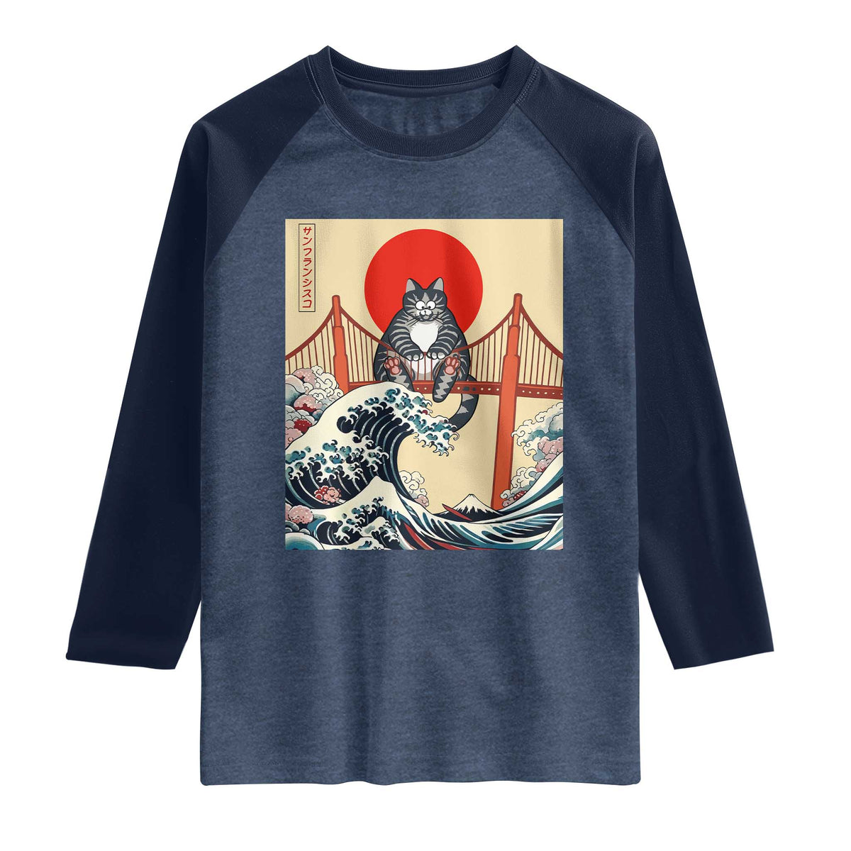 San Francisco Cat Raglan Shirt Vintage Japanese Anime Kawaii Cat Sunset TS14 Heather Denim Navy Print Your Wear