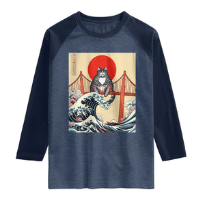 San Francisco Cat Raglan Shirt Vintage Japanese Anime Kawaii Cat Sunset TS14 Heather Denim Navy Print Your Wear