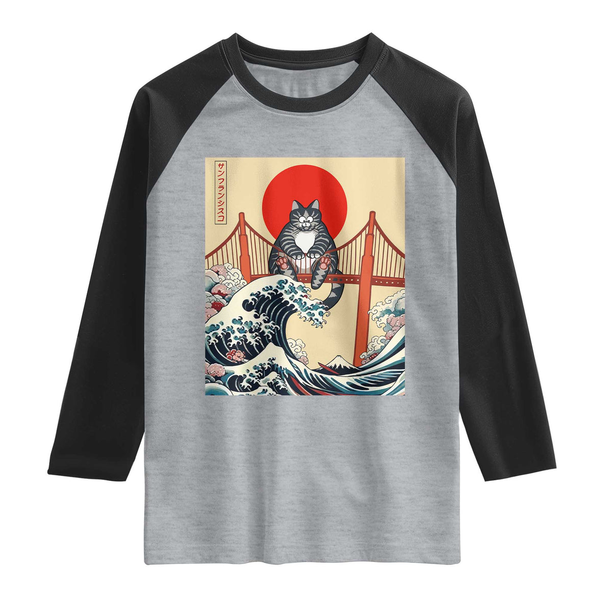 San Francisco Cat Raglan Shirt Vintage Japanese Anime Kawaii Cat Sunset TS14 Heather Gray Black Print Your Wear