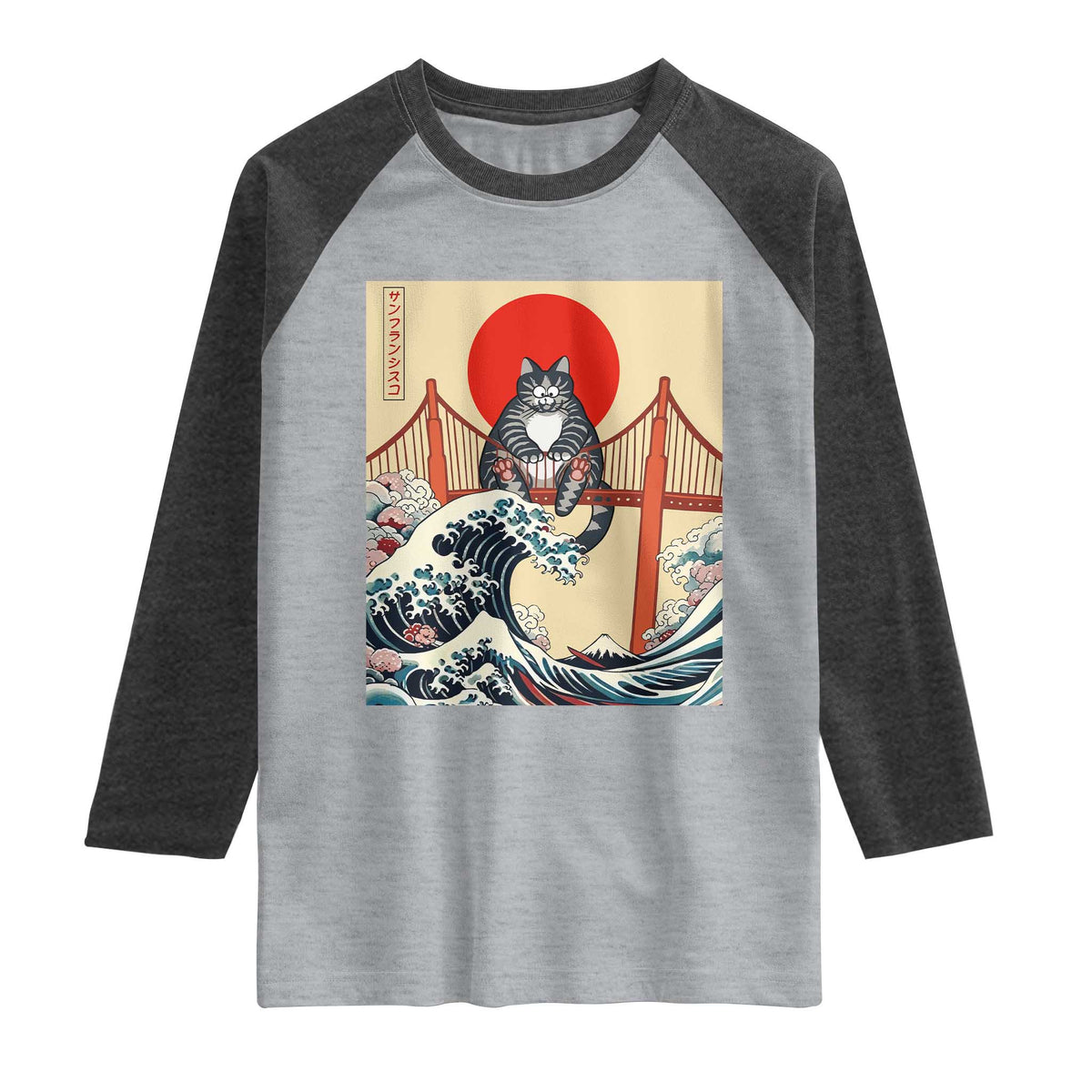 San Francisco Cat Raglan Shirt Vintage Japanese Anime Kawaii Cat Sunset TS14 Heather Gray Heather Charcoal Print Your Wear