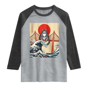 San Francisco Cat Raglan Shirt Vintage Japanese Anime Kawaii Cat Sunset TS14 Heather Gray Heather Charcoal Print Your Wear