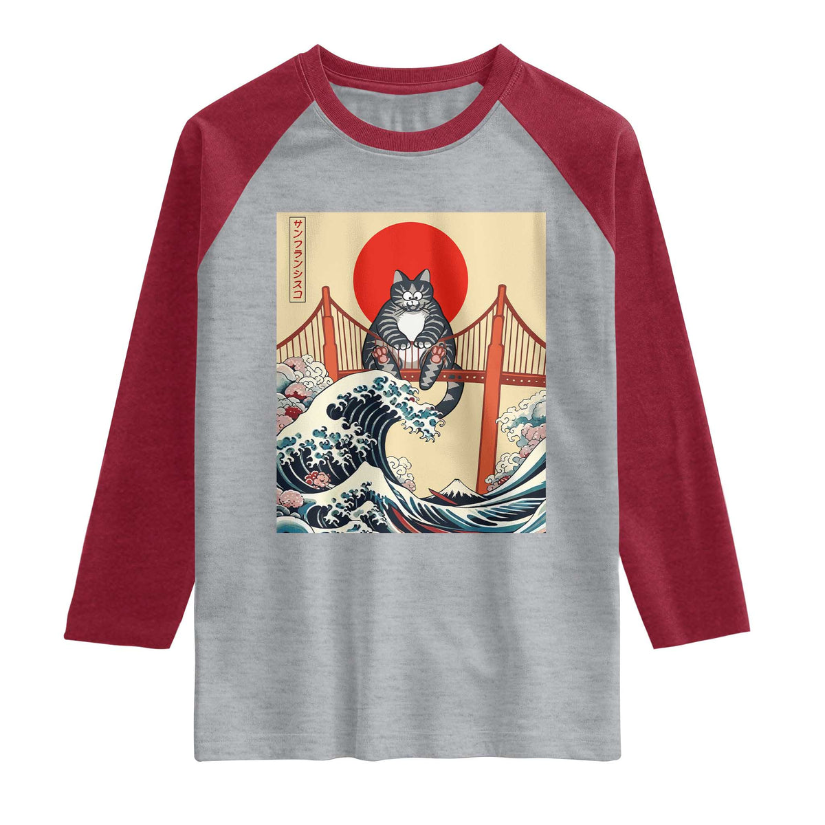 San Francisco Cat Raglan Shirt Vintage Japanese Anime Kawaii Cat Sunset TS14 Heather Gray Heather Red Print Your Wear