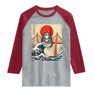 San Francisco Cat Raglan Shirt Vintage Japanese Anime Kawaii Cat Sunset TS14 Heather Gray Heather Red Print Your Wear