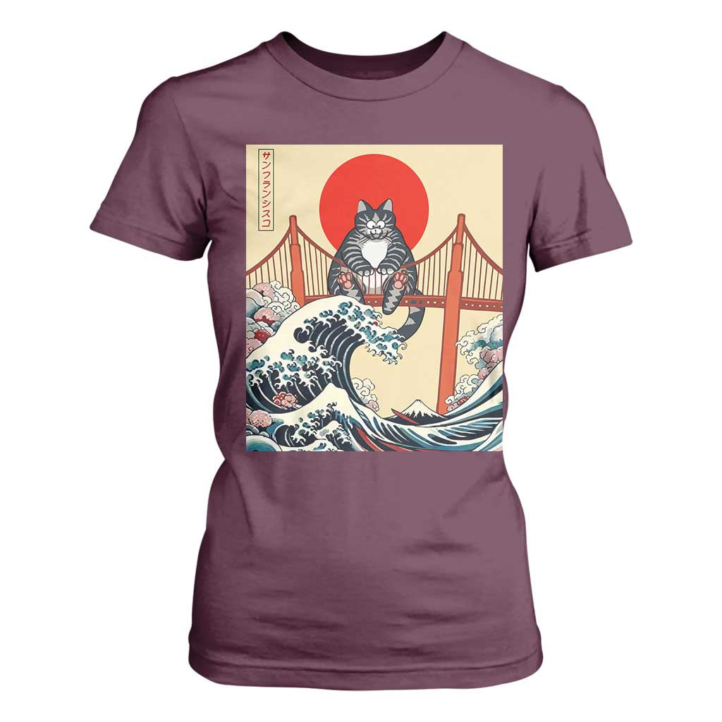 San Francisco Cat T Shirt For Women Vintage Japanese Anime Kawaii Cat Sunset TS14 Maroon Print Your Wear