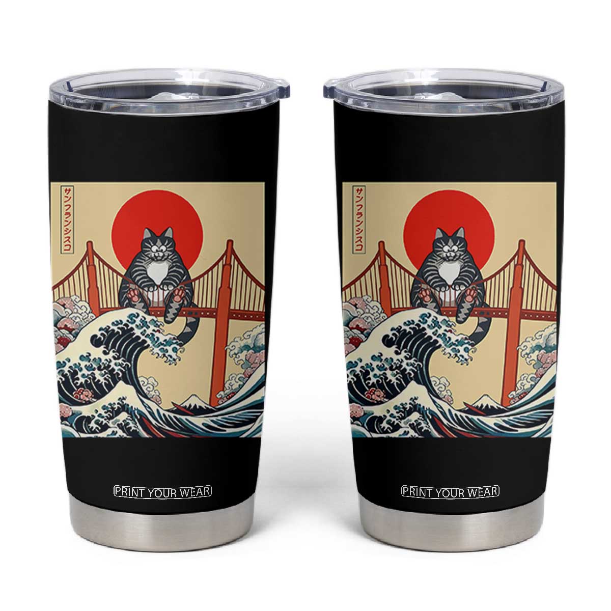San Francisco Cat Tumbler Cup Vintage Japanese Anime Kawaii Cat Sunset TS14 Black Print Your Wear