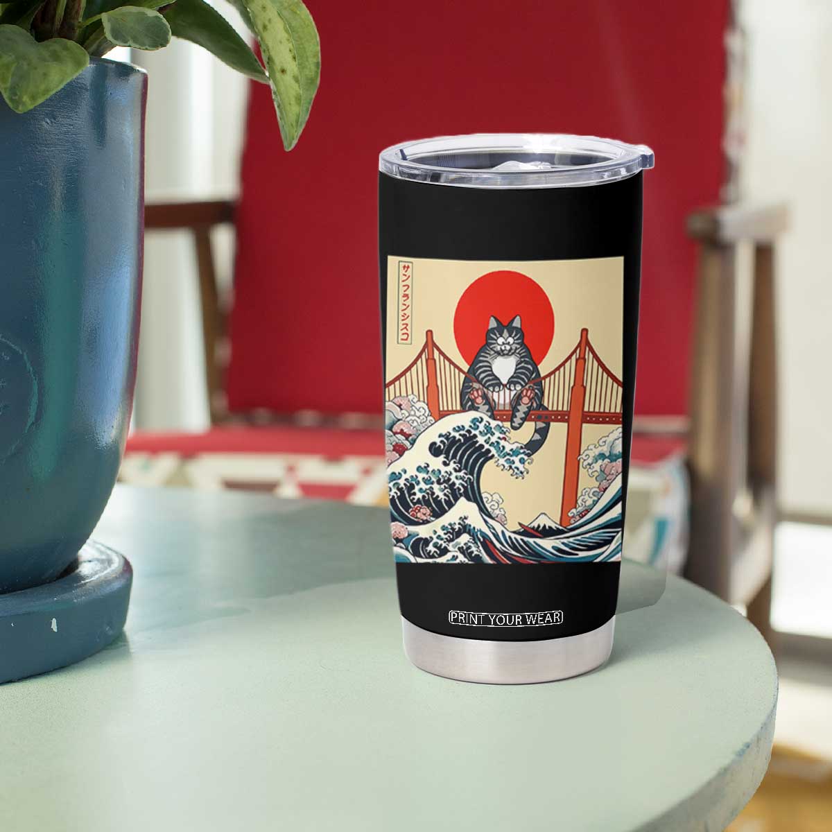 San Francisco Cat Tumbler Cup Vintage Japanese Anime Kawaii Cat Sunset TS14 Print Your Wear