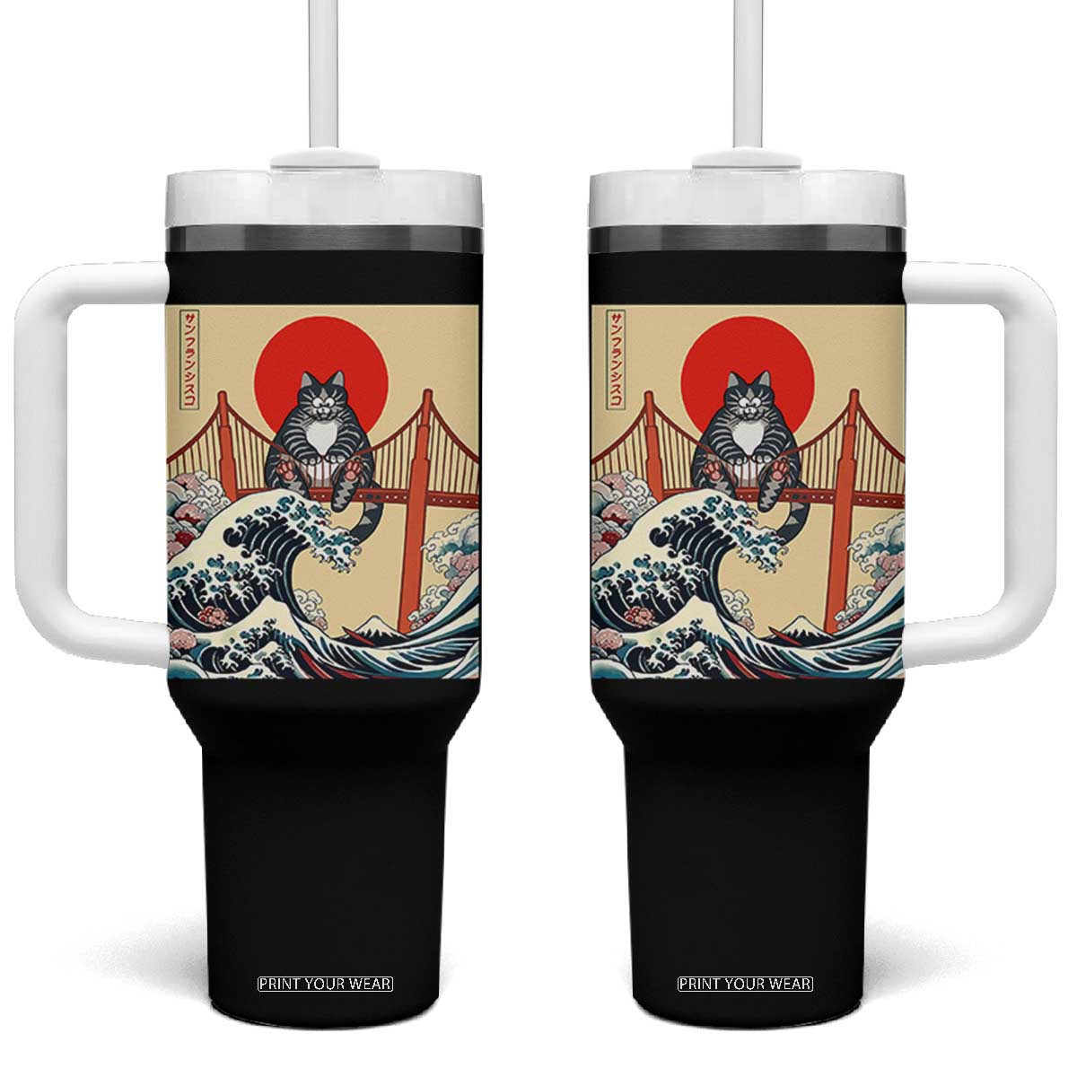 San Francisco Cat Tumbler With Handle Vintage Japanese Anime Kawaii Cat Sunset TS14 One Size: 40 oz Black Print Your Wear