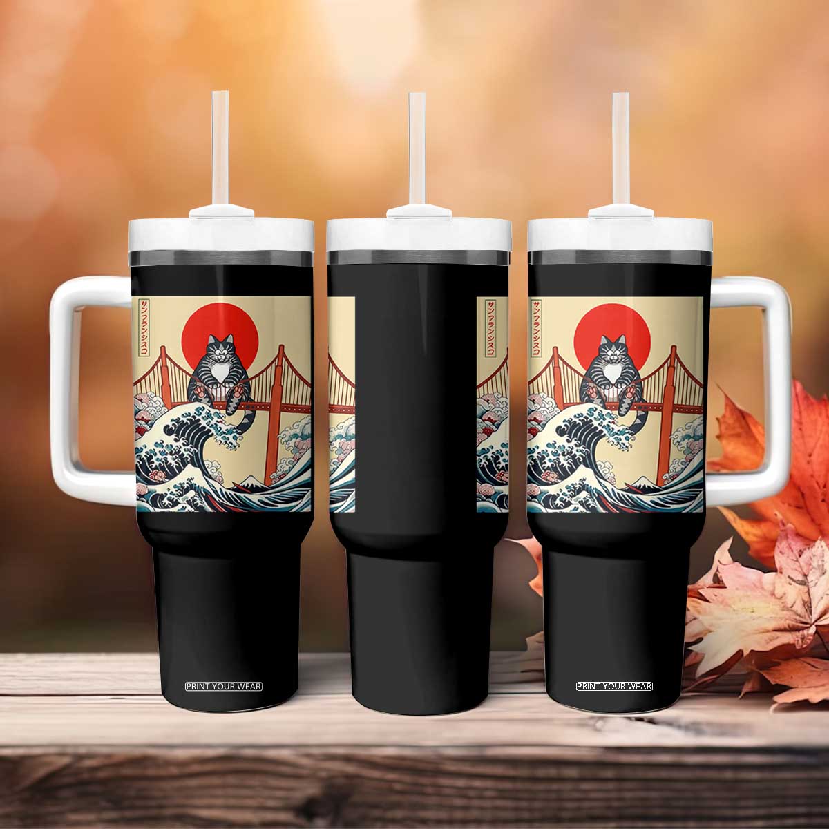 San Francisco Cat Tumbler With Handle Vintage Japanese Anime Kawaii Cat Sunset TS14 Print Your Wear