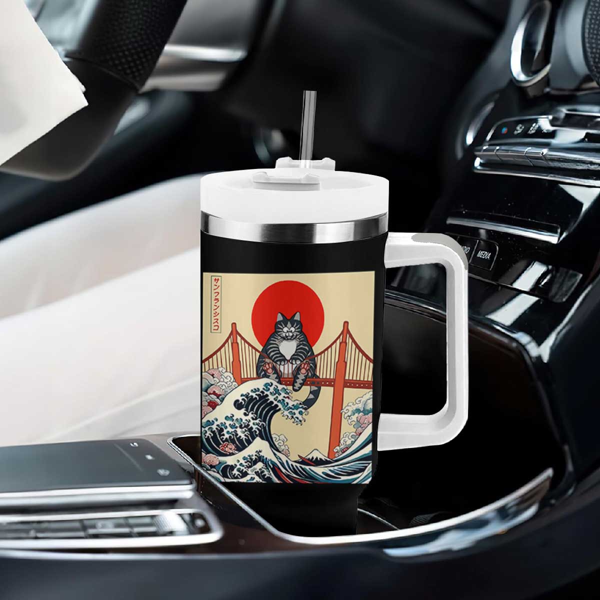 San Francisco Cat Tumbler With Handle Vintage Japanese Anime Kawaii Cat Sunset TS14 Print Your Wear