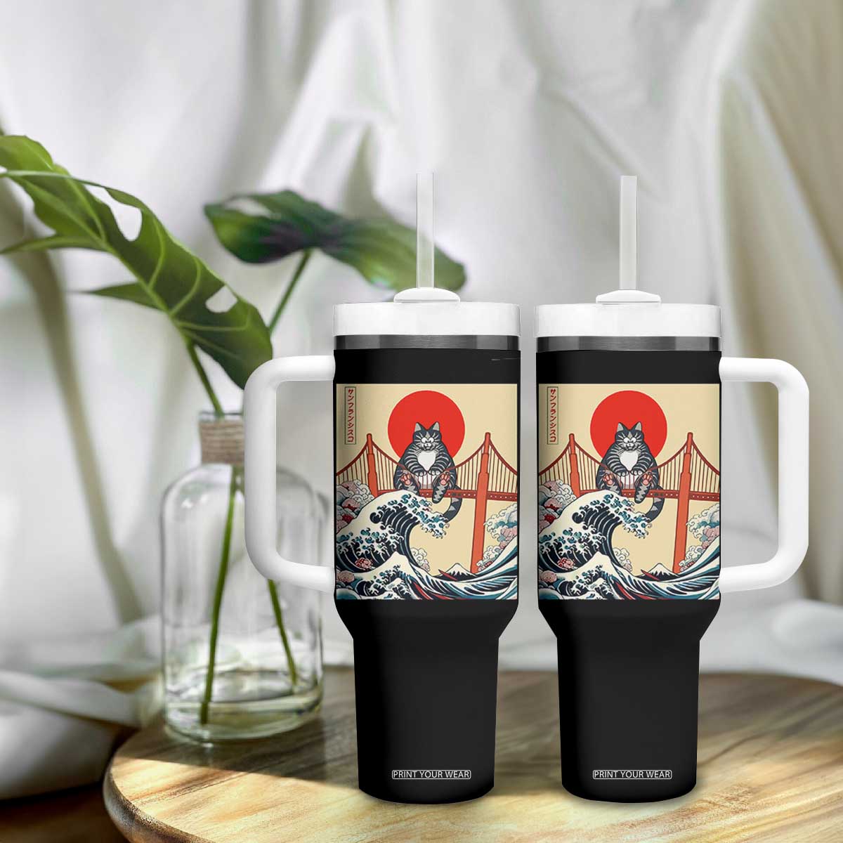 San Francisco Cat Tumbler With Handle Vintage Japanese Anime Kawaii Cat Sunset TS14 Print Your Wear