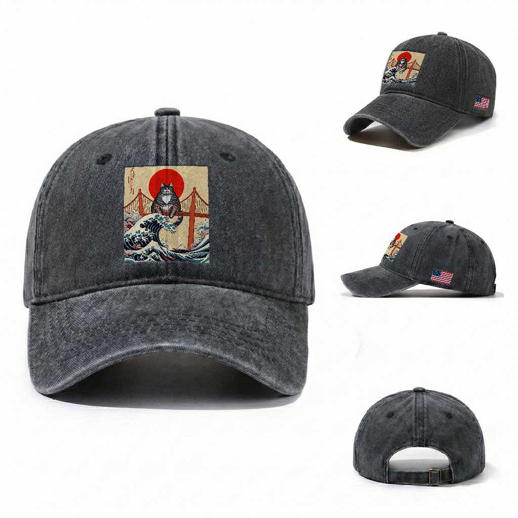 San Francisco Cat Washed Cotton Baseball Cap Vintage Japanese Anime Kawaii Cat Sunset TS14 Washed Cap Universal Fit Dark Gray Print Your Wear