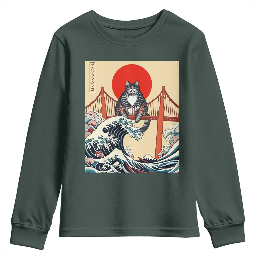 San Francisco Cat Youth Sweatshirt Vintage Japanese Anime Kawaii Cat Sunset TS14 Dark Forest Green Print Your Wear