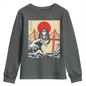 San Francisco Cat Youth Sweatshirt Vintage Japanese Anime Kawaii Cat Sunset TS14 Dark Heather Print Your Wear